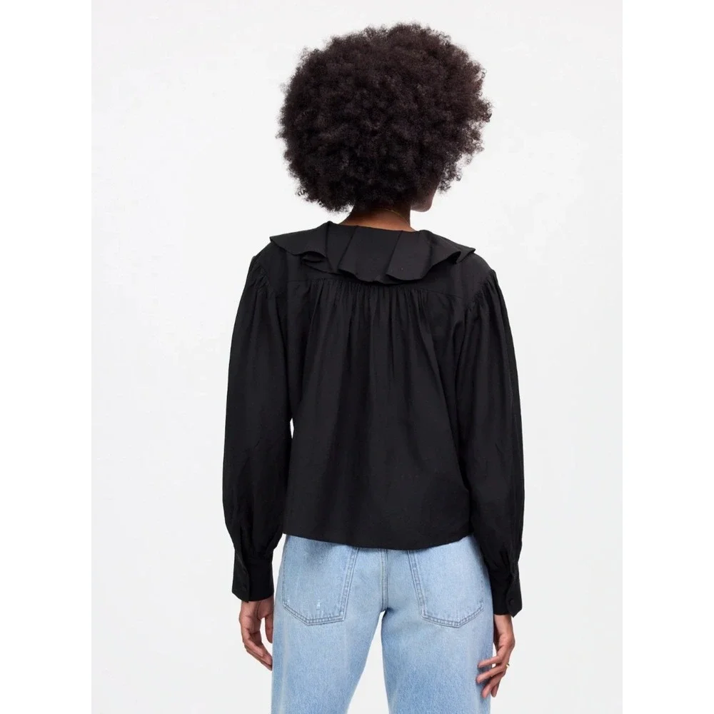 Madewell Black Ruffle Front Pintuck Long Sleeve Button Up Blouse XS